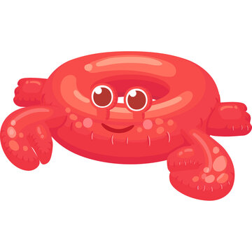 A cartoon red crab shaped inflatable ring floats on a transparent background ready for summer fun at the beach or pool.