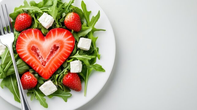 A heart-shaped arugula salad featuring fresh strawberries and feta cheese on a white plate creates a romantic dining experience - Powered by Adobe