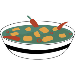 A Bowl of Green Curry with Red Chili Peppers and Tofu on a White Background
