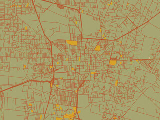 Stylized minimalist map of Texcoco de Mora, Mexico in sage/olive tone field with rust networks and ochre shapes, cream water.