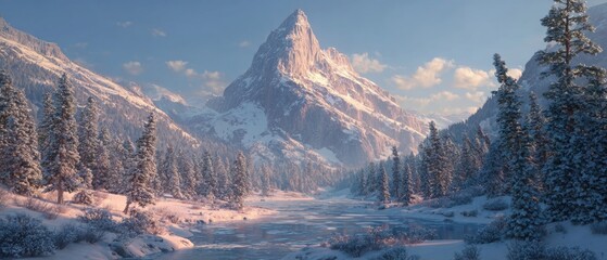 First light of winter: tranquility on the snowy mountain peaks. Promotional poster. Glistening snow-laden fir trees at dawn's first light over a frozen landscape. Movie artwork.