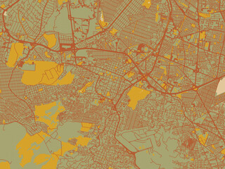 Flat painterly map of Tlalpan, Mexico in sage green ground with rust-red roads and ochre accents.