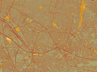 Vector-style flat map of Tlaquepaque, Mexico with olive backdrop with warm rust street network and ochre blocks.