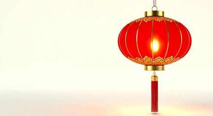 Fototapeta premium Vibrant red Chinese lantern with golden accents hanging on white background for Lunar New Year celebration marketing campaigns and festive holiday advertising