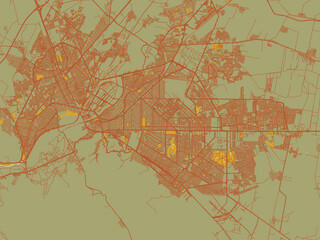 Decorative flat city map of Torreon, Mexico using muted sage base, rust-colored roads, and soft ochre highlights.