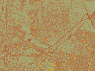 Obraz premium Modern flat map poster of Tultepec, Mexico in olive backdrop with warm rust street network and ochre blocks.