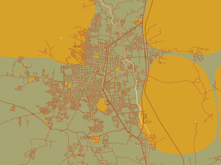 Modern flat map poster of Uriangato, Mexico in olive backdrop with warm rust street network and ochre blocks.