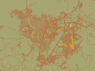 Decorative flat city map of Uruapan, Mexico using sage green ground with rust-red roads and ochre accents.