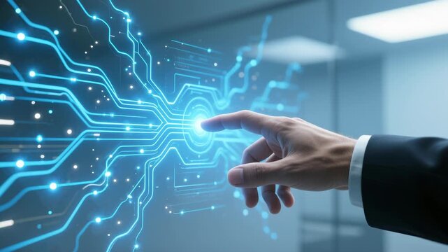 Business hand pointing digital interface closeup, finger touch gesture virtual circuit glowing blue hologram data network, innovation energy focus