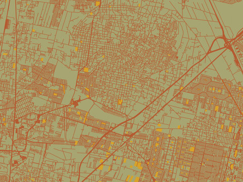 Modern flat map poster of Tultepec, Mexico in olive backdrop with warm rust street network and ochre blocks.