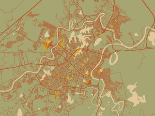 Stylized minimalist map of Villahermosa, Mexico in sage/olive tone field with rust networks and ochre shapes, cream water.