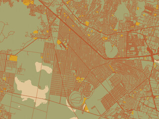 Poster-ready flat map of Xico, Mexico, earthy sage background with rust roadways and ochre details.