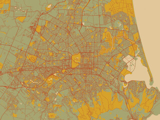 Fototapeta premium Decorative flat city map of Christchurch, New Zealand using muted sage base, rust-colored roads, and soft ochre highlights.