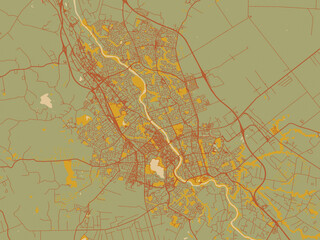 Obraz premium Abstract flat-design map of Hamilton, New Zealand, featuring olive backdrop with warm rust street network and ochre blocks.