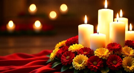Romantic warm candlelight ambiance with vibrant red and yellow flowers on elegant draped table setting for wedding reception decor inspiration or Valentine's Day marketing campaign background