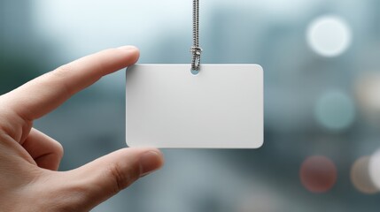 A hand holding a blank name tag, suspended by a metallic chain against a blurred urban background.