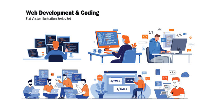 A collection of vector illustrations depicting web developers coding on computers, showcasing various scenes of programming and software development.
