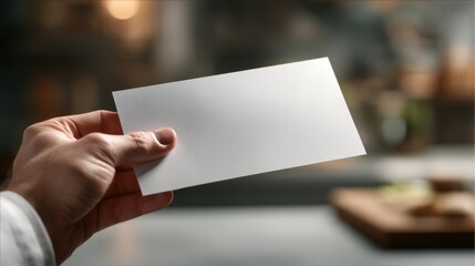 Obraz premium A male hand, lightly tanned, holds a blank white card against a softly blurred kitchen backdrop.