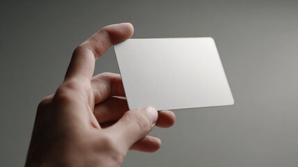 Obraz premium A close-up of a hand holding a blank white card against a soft gray background, emphasizing minimalism and simplicity.