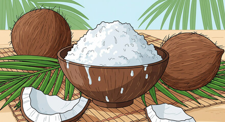 A detailed image of coconuts, coconut flakes, and a bowl of coconut milk.