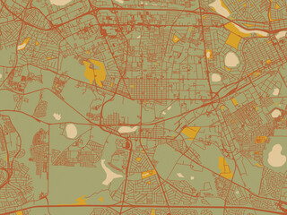 Naklejka premium Flat painterly map of Boksburg, South Africa in sage green ground with rust-red roads and ochre accents.