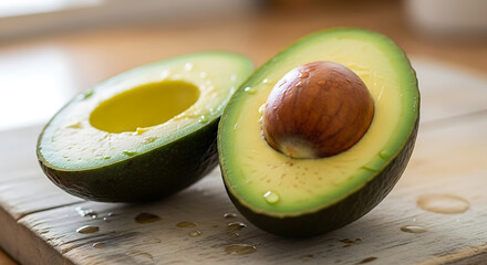 Two avocado halves, one with seed, on a wooden board, showing the vibrant green flesh and dark skin.