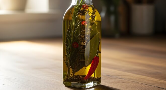 Homemade Infused Olive Oil with Herbs and Chili Peppers