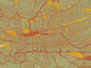 Minimalist flat city map of Johannesburg Center, South Africa with muted sage base, rust-colored roads, and soft ochre highlights.