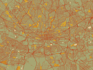 Fototapeta premium Minimalist flat city map of Johannesburg, South Africa with sage/olive tone field with rust networks and ochre shapes, cream water.