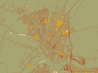 Vector-style flat map of Kariega, South Africa with muted sage base, rust-colored roads, and soft ochre highlights.