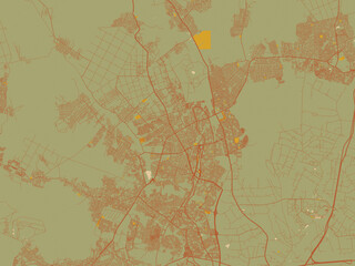 Vector-style flat map of Mabopane, South Africa with muted sage base, rust-colored roads, and soft ochre highlights.