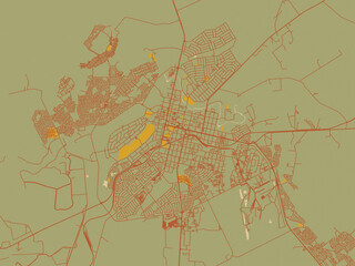 Flat painterly map of Middelburg, South Africa in muted sage base, rust-colored roads, and soft ochre highlights.