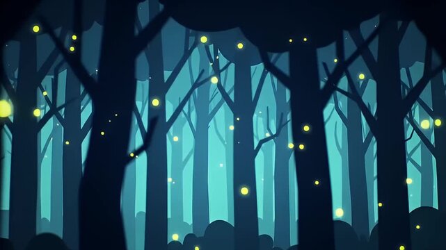 Animated magical forest with glowing fireflies at night