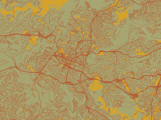 Flat painterly map of Pinetown, South Africa in olive backdrop with warm rust street network and ochre blocks.