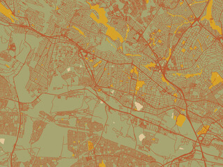 Graphic flat color map of Roodepoort, South Africa in earthy sage background with rust roadways and ochre details.