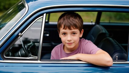A young boy looking out the window of a vintage blue car with a curious and friendly expression