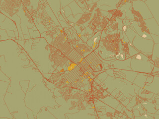 Contemporary flat map of Rustenburg, South Africa design with olive backdrop with warm rust street network and ochre blocks.