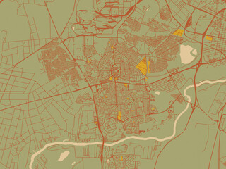 Stylized minimalist map of Vanderbijlpark, South Africa in sage/olive tone field with rust networks and ochre shapes, cream water.