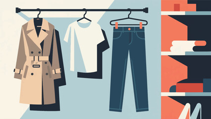 Illustration Vector Of A Capsule Wardrobe Collection With A Few Key Pieces Hanging Neatly Vector Design Template