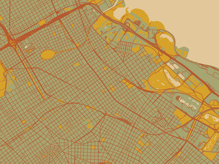 Stylized minimalist map of Belgrano, Argentina in sage green ground with rust-red roads and ochre accents.