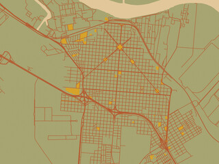 Flat painterly map of Campana, Argentina in earthy sage background with rust roadways and ochre details.