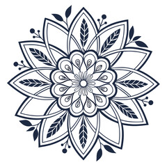 Intricate dark blue floral mandala design with delicate petals and leaf motifs perfect for decorative art spiritual practices and wellness themes