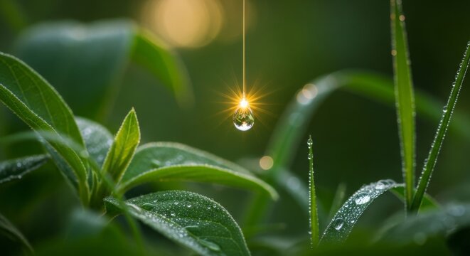 Glowing dewdrop suspended on a delicate thread amidst lush green foliage.