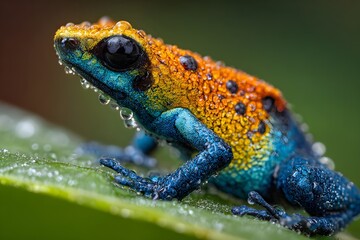 Obraz premium A vibrant poison dart frog clinging to a dewy leaf in a lush rainforest, water droplets sparkling on its colorful skin