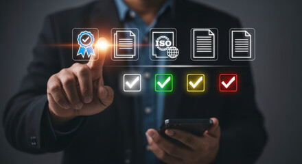 Businessman hand selecting a glowing certified quality icon from a row of compliance documents and checklist marks