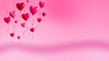 Floating red heart balloons against a soft pink gradient background with glittery foreground. Romantic valentine's day celebration concept