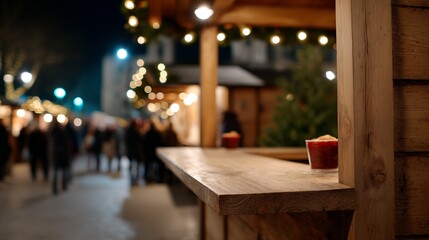 Wooden market stall counter with hot drink, blurred Christmas market lights at night, festive copy space