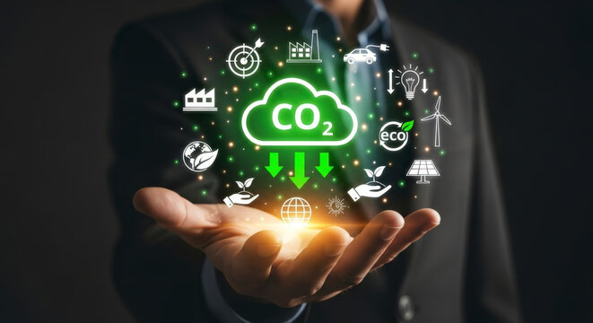 Businessman hand holding a glowing CO2 cloud icon surrounded by environmental and sustainable development icons for carbon neutrality