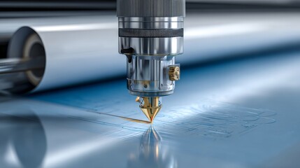 A close-up of a high-precision laser cutting machine, showcasing its intricate mechanism and focus on cutting through metal.