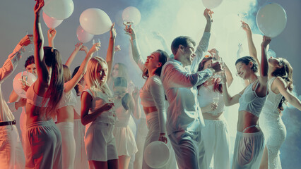 Group of stylish people celebrating in white outfits with champagne and balloons. Concept of festive atmosphere, friendship joy, love celebration, and modern party lifestyle. © Lustre Art Group 